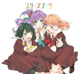  3girls :d ;d absurdres aqua_neckerchief black_pantyhose black_socks blue_eyes blunt_bangs blunt_ends blush bob_cut brown_dress brown_shoes cerise_bouquet commentary_request dress flower four-finger_heart_hands goma_(dondokowassei) green_eyes green_hair group_name hair_bun hair_flower hair_intakes hair_ornament hasu_no_sora_school_uniform heart heart_hands highres hinoshita_kaho loafers long_sleeves looking_at_viewer love_live! love_live!_hasu_no_sora_jogakuin_school_idol_club medium_hair momose_ginko multiple_girls neckerchief one_eye_closed open_mouth orange_hair otomune_kozue pantyhose purple_hair rabbit_hair_ornament red_flower red_neckerchief sailor_collar sailor_dress school_uniform shoes short_hair side_ponytail sidelocks simple_background single_side_bun smile socks sweatdrop tassel tassel_hair_ornament two_side_up virtual_youtuber white_background white_sailor_collar winter_uniform yellow_neckerchief 