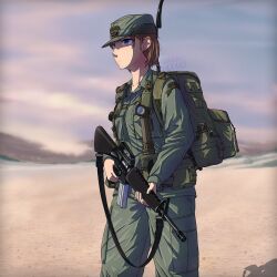  1girl assault_rifle backpack bag blonde_hair blue_eyes camouflage clouds cold_war day desert edward_y_brad gun hat highres holding holding_gun holding_weapon holster jacket m16 m16a1_(girls'_frontline) military military_combat_uniform military_uniform original outdoors pouch rifle sand short_hair sky standing tactical_clothes trigger_discipline united_states_army weapon 