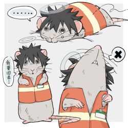  ... 1boy 69b81bfa animal animal_ears animal_focus animal_with_hair animalization black_eyes black_hair chinese_commentary chinese_text commentary_request false_memory grey_background guan_chao_(false_memory) halo high-visibility_clothing high-visibility_vest highres id_card male_focus mouse_boy mouse_ears mouse_tail orange_vest simple_background speech_bubble tail tear_troughs translation_request vest 