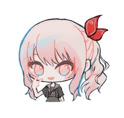  1other :d akiyama_mizuki black_dress black_jacket black_neckerchief bow chibi chibi_only cropped_torso dress grey_sailor_collar hair_bow hand_up inward_v jacket long_hair looking_at_viewer multicolored_neckerchief neckerchief open_clothes open_jacket other_focus pink_eyes pink_hair project_sekai red_bow sailor_collar sailor_dress short-sleeved_jacket short_sleeves side_ponytail sidelocks simple_background smile solo two-tone_neckerchief uiyouandi v v_over_eye white_background white_neckerchief 