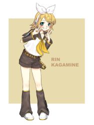  1girl aqua_eyes belt black_leg_warmers black_sailor_collar black_shorts black_sleeves blonde_hair bow breasts commentary_request detached_sleeves double_v full_body grin hair_bow hair_ornament hairclip headphones headset kagamine_rin leg_warmers looking_at_viewer neckerchief palesnow8 parallel_hairclips sailor_collar shirt shoes shorts sleeveless sleeveless_shirt small_breasts smile solo treble_clef v vocaloid white_bow white_shirt white_shoes yellow_belt yellow_nails yellow_neckerchief yellow_trim 