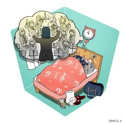  3boys 6+girls analog_clock aoki_ruri bag bed blue_bag cello charger clarinet clock commentary conductor conductor_baton cymbals dragon_girl dragon_horns electrical_outlet flute flying_sweatdrops holding holding_baton holding_instrument horns instrument kyoto_animation multiple_boys multiple_girls music_stand musical_note musical_note_print musical_staff musical_staff_print official_art orchestra playing_instrument red_socks ruridragon shindou_masaoki shoulder_bag sleeping socks solo_focus speech_bubble thought_bubble trombone trumpet under_covers violin white_horns 