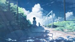  1girl cat chain-link_fence clouds cumulonimbus_cloud day english_commentary fence hati_98 highres original outdoors railing scenery shade solo summer 