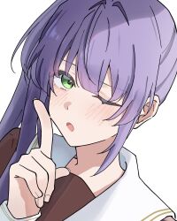  1girl :o ;o brown_dress dress finger_to_cheek green_eyes hair_intakes hasu_no_sora_school_uniform highres index_finger_raised long_hair long_sleeves looking_at_viewer love_live! love_live!_hasu_no_sora_jogakuin_school_idol_club one_eye_closed otomune_kozue portrait potu_sabu purple_hair sailor_collar sailor_dress school_uniform side_ponytail sidelocks simple_background solo virtual_youtuber white_background white_sailor_collar winter_uniform 