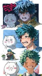  1boy 1other absurdres artist_name bag blood blood_on_face blue_shirt blush boku_no_hero_academia border cape chiikawa chiikawa_(character) clenched_teeth closed_eyes collared_shirt commentary_request creature crying crying_with_eyes_open english_text freckles gloves green_eyes green_hair green_necktie grin happy_tears highres injury jacket korean_commentary kuby_hq leaf male_focus midoriya_izuku necktie open_mouth outdoors outside_border pants rain raised_eyebrows sad scar scarf school_uniform shirt short_hair sitting smile snot tears teeth trembling twitter_username white_border white_shirt yellow_cape 