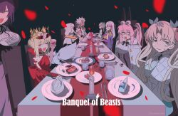  1boy 6+girls animal animal_ears banquet bare_shoulders black_bonnet black_jacket blonde_hair bonnet braid braided_base breasts buddhist_nun cloak commentary_request crown curled_horns dress eating ereshkigal_(fate) ereshkigal_(swimsuit_beast)_(fate) facial_mark fate/grand_order fate_(series) flower food fou_(fate) fur-trimmed_cloak fur_trim glasses gloves hair_bun hair_ribbon highres horns jacket kama_(fate) kama_(teenager)_(fate) koyanskaya_(assassin)_(second_ascension)_(fate) koyanskaya_(fate) kuwasero47 larva_tiamat_(fate) larva_tiamat_(first_ascension)_(fate) long_hair long_horns long_skirt long_sleeves lotus lotus_print multiple_animal_ears multiple_girls nero_claudius_(fate) pink_hair pointed_crown purple_hair queen_draco_(fate) queen_draco_(first_ascension)_(fate) rabbit_ears red_dress red_eyes ribbed_dress ribbon scales sessyoin_kiara shirt single_glove skirt solomon_(fate) tiamat_(fate) twintails two_side_up urd_(fate) urd_(second_ascension)_(fate) white_hair white_shirt 