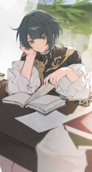  1boy absurdres black_shirt book book_stack closed_mouth commentary elbow_rest english_commentary expressionless frilled_sleeves frills genshin_impact hand_on_own_cheek hand_on_own_face highres male_focus no_pupils open_book reading shirt short_hair sitting solo sparrow4193941 table xingqiu_(genshin_impact) yellow_eyes 