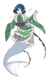  1girl absurdres blue_hair commentary_request dal-gi drill_hair drill_sidelocks fins floral_print floral_print_kimono frilled_kimono frills full_body green_kimono head_fins highres japanese_clothes kimono long_sleeves merfolk mermaid monster_girl obi obijime open_mouth print_kimono purple_sash sash short_hair sidelocks smile solo touhou wakasagihime wide_sleeves 