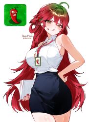  1girl absurdres ahoge anger_vein angry artist_name bare_shoulders black_skirt blush blush_stickers breasts buro_moon button_gap chili_pepper clenched_teeth collared_shirt commentary cowboy_shot dated fiery_hair formal_clothes frown game_screenshot_inset genderswap genderswap_(mtf) glaring gradient_hair green_eyes green_hair half-closed_eye hand_on_own_hip high-waist_skirt highres holding holding_paper id_card jalapeno_(plants_vs._zombies) jalapeno_pepper lanyard large_breasts long_hair looking_at_viewer multicolored_hair office_lady open_mouth paper pencil_skirt personification plants_vs._zombies red_hair red_nails red_pupils scowl screenshot_inset sentient_plant shirt shirt_tucked_in sidelocks simple_background skirt skirt_suit sleeveless sleeveless_shirt solo spanish_commentary suit teeth v-shaped_eyebrows white_background white_shirt 