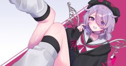  1girl absurdres animal_ears artist_name black_cardigan black_hat blush cardigan cowlick fake_animal_ears grey_hair hair_between_eyes hand_up hat highres hololive hololive_english hoshiiii_art koseki_bijou leg_warmers long_sleeves low_twintails nail_polish neckerchief parted_lips red_nails red_neckerchief sailor_collar signature sleeves_past_wrists smile solo sticker sticker_on_face twintails violet_eyes virtual_youtuber white_leg_warmers white_sailor_collar wings 