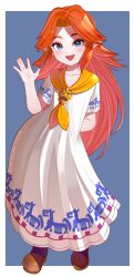  1girl arm_behind_back blue_eyes boots border bozu_ka brown_boots child commentary_request dress full_body highres horse_print long_hair looking_at_viewer malon neckerchief open_mouth orange_hair outside_border pointy_ears smile solo standing the_legend_of_zelda the_legend_of_zelda:_ocarina_of_time the_legend_of_zelda:_ocarina_of_time_(remake) waving white_border white_dress yellow_neckerchief young_malon 