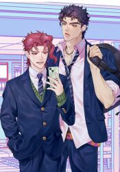  2boys backpack bag belt black_hair blue_eyes blue_jacket blue_pants buttons cherry cherry_earrings closed_mouth commentary_request ear_piercing earrings food food-themed_earrings fruit green_sweater hand_in_pocket height_difference highres holding holding_bag holding_phone jacket jewelry jojo_no_kimyou_na_bouken kakyoin_noriaki kujo_jotaro long_sleeves male_focus multiple_boys nanon_enst necklace necktie pants phone piercing red_hair school_uniform shirt stardust_crusaders striped_clothes striped_necktie stud_earrings sweater tongue tongue_out violet_eyes white_shirt 