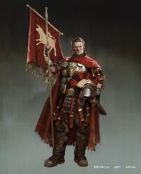  1boy absurdres armor artist_name banner battle_standard bull caesar's_legion cloak commentary dated deimos_art english_commentary english_text fallout fallout:_new_vegas frown gradient_background greco-roman_clothes gun handgun helmet highres holding holding_banner holding_unworn_helmet joshua_graham male_focus mixed-language_text no_scar plume post-apocalypse red_cloak roman_armor scabbard sheath solo sword unworn_headwear unworn_helmet visor_(armor) war_banner weapon 