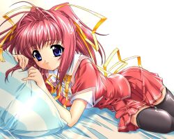  1girl 3ldk bed black_thighhighs blue_eyes hair_intakes hair_ribbon kimizuka_aoi lying medium_hair pillow pink_hair ponytail ribbon school_uniform senoo_chihogi sidelocks smile solo thigh-highs yellow_ribbon 