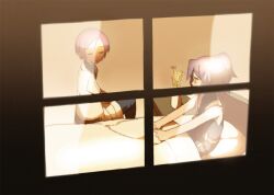  1boy 1girl anpolly bare_arms bed blue_pants closed_eyes coat commentary_request facing_another glasses high_ponytail indoors lab_coat medic_(sekaiju_4) medic_2_(sekaiju_4) medic_3_(sekaiju_4) on_bed pants parted_bangs plant ponytail potted_plant profile purple_hair sailor_collar sekaiju_no_meikyuu sekaiju_no_meikyuu_4 sitting smile white_coat white_sailor_collar 
