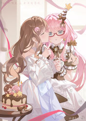  2girls absurdres bang_dream! bang_dream!_it's_mygo!!!!! birthday_cake brown_dress cake character_hair_ornament chihaya_anon chinese_commentary commentary_request dress food glasses grey_eyes hair_ornament hand_on_another's_shoulder highres kiss kissing_cheek long_hair multiple_girls nagasaki_soyo nail_polish pink_hair pink_nails sidelocks white_dress yellow_nails yinranluo yuri 