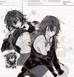  1girl bandaged_fingers bandages bandaid bandaid_on_hand black_hair black_jacket blush bow bowtie breasts chibi chibi_inset collared_shirt colored_skin crying crying_with_eyes_open degrees_of_lewdity double-parted_bangs freesia_quan gauze gauze_on_cheek green_eyes grey_bow grey_bowtie grey_skin grey_skirt hair_between_eyes highres jacket jacket_partially_removed kylar_(degrees_of_lewdity) kylar_(female)_(degrees_of_lewdity) light_frown light_smile looking_to_the_side medium_breasts messy_hair miniskirt multiple_views outline raised_inner_eyebrows shirt simple_background sitting skirt tears wariza white_shirt yellow_outline 