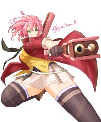  1girl absurdres artist_name black_necktie black_thighhighs boots brown_boots closed_mouth coat commentary_request double-parted_bangs dual_wielding eiyuu_densetsu floating_hair floating_neckwear green_eyes hair_between_eyes hair_ornament hair_tie high_collar highres holding holding_weapon juna_crawford kuma_kuma_15 leather leather_boots leg_up looking_at_viewer medium_hair necktie open_clothes open_coat pink_coat pink_hair sen_no_kiseki_(series) sen_no_kiseki_iv shirt short_sleeves simple_background skirt smile solo thigh-highs tonfa twitter_username upper_body weapon white_background white_skirt x_hair_ornament yellow_shirt 