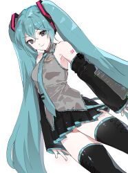  1girl absurdres arms_at_sides bare_shoulders black_skirt black_sleeves black_thighhighs blue_eyes blue_hair blue_necktie closed_mouth collared_shirt cowboy_shot crossed_bangs dal-gi detached_sleeves double-parted_bangs grey_shirt hair_between_eyes hatsune_miku highres long_hair long_sleeves looking_at_viewer miniskirt necktie pleated_skirt shirt simple_background skirt sleeveless sleeveless_shirt sleeves_past_wrists smile solo thigh-highs tie_clip twintails very_long_hair vocaloid white_background white_shirt zettai_ryouiki 