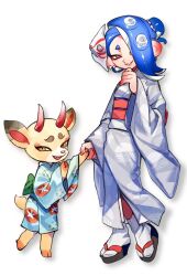  2girls animal_crossing animal_crossing:_new_horizons animal_ears antlers blue_hair blue_kimono colored_extremities commentary_request crossover deer deer_antlers deer_ears deer_girl deer_tail earrings eyeliner eyeshadow fang full_body gucandiyi52092 hair_bun hair_over_one_eye highres holding_hands hooves horns japanese_clothes jewelry kimono makeup mask mask_on_head multiple_girls octoling okobo platform_sandals red_eyes red_eyeshadow sandals shino_(animal_crossing) shiver_(splatoon) smile splatoon_(series) splatoon_3 suction_cups tabi tail tentacle_hair white_kimono yellow_eyes yukata 