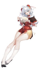  1girl absurdres ahoge black_shoes blue_eyes blush brown_capelet capelet chinese_clothes commentary covered_navel dress fingernails full_body fur-trimmed_capelet fur_trim hair_between_eyes hand_fan highres holding holding_fan legs long_fingernails looking_at_viewer nail_polish open_mouth pugongying qipao qq_dance red_dress red_nails shoes short_hair simple_background socks solo thighs tuanshan untranslatable_commentary white_background white_hair white_socks xingtong 