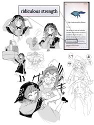  3girls :/ arms_up barcarola_(reverse:1999) blush braid buddy_fairchild coif coppelia_(reverse:1999) dixie_cup_hat english_text game_screenshot_inset hat highres holding holding_suitcase hug leg_up military_hat multiple_girls multiple_views overall_skirt reverse:1999 saga_k screenshot_inset shirt short_hair sketch sotheby speech_bubble spoken_object squirrel suitcase twin_braids walnut 