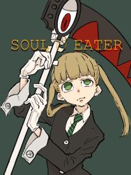  1boy 1girl black_coat blonde_hair coat collared_shirt copyright_name english_text gloves green_background green_eyes green_necktie highres holding holding_scythe holding_weapon long_hair long_sleeves looking_at_another looking_up maka_albarn necktie official_art ohkubo_atsushi scythe shirt soul_eater soul_evans striped_clothes striped_necktie transformation transforming_weapon twintails two-tone_necktie upper_body weapon white_gloves white_shirt 