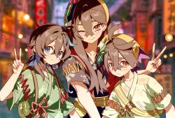  1boy 2girls 5oh5s2 bag black_hair blue_hair blurry blurry_background blush carmine_(pokemon) closed_mouth commentary_request commission crossed_bangs eyelashes festival_jinbei hair_between_eyes hairband highres japanese_clothes juliana_(festival_jinbei)_(pokemon) juliana_(pokemon) kieran_(pokemon) long_hair looking_at_viewer mask mask_on_head mole mole_on_neck mole_under_eye multicolored_hair multiple_girls one_eye_closed pokemon pokemon_scarlet_and_violet purple_hair second-party_source short_sleeves smile sweat upper_body v yellow_bag yellow_hairband 