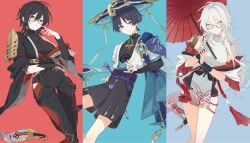  1boy 2girls arm_wrap armor armpit_crease arms_at_sides awe_(adorableduckyy) belt bishounen black-framed_eyewear black_belt black_bodysuit black_bow black_bridal_gauntlets black_hair black_kimono black_pants black_shorts black_sleeves blue_background blue_gem blue_hat blue_jingasa blue_kimono blue_sleeves blunt_ends bodysuit bow breasts bridal_gauntlets bright_pupils brown_hair cape character_request chinese_knot choppy_bangs closed_mouth clothing_cutout commission couple covered_collarbone dual_persona eyeliner feathers fingernails floral_print floral_print_kimono frilled_sleeves frills furisode gem genshin_impact gold gold_ring grey_background grey_eyes hair_between_eyes hair_intakes hakama hakama_shorts hand_on_own_hip hand_up hat hetero highres hip_vent japanese_armor japanese_clothes jingasa juban kimono kote kurokote large_breasts layered_sleeves long_hair looking_at_viewer makeup mandarin_collar medium_hair middle_ring mole mole_under_mouth multiple_girls o-ring oc_x_canon oil-paper_umbrella open_clothes open_kimono original pants parted_lips pelvic_curtain pleated_shorts pom_pom_(clothes) print_kimono purple_cape purple_hair purple_rope purple_sash red_background red_eyeliner red_kimono red_pants red_sleeves red_umbrella rope sash scaramouche_(genshin_impact) second-party_source semi-rimless_eyewear short_kimono short_sleeves shorts shoulder_peek side_cape single_bare_shoulder single_off_shoulder single_sode smile tassel thigh_gap three-quarter_sleeves tsurime turtleneck turtleneck_bodysuit umbrella violet_eyes vision_(genshin_impact) wanderer_(genshin_impact) white_eyes white_hair white_kimono white_mouth white_pupils white_sleeves yellow_feathers 