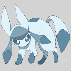  blue_eyes blue_fur commentary_request full_body glaceon grey_background highres looking_at_viewer no_humans pokemon pokemon_(creature) pokemon_focus shiznar solo standing twitter_username 