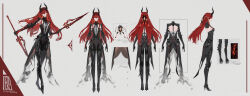  1girl a-pose absurdres armor armored_boots black_armor boots chinese_commentary coattails commentary dual_wielding earrings gauntlets grey_background hair_ornament high_heels highres holding horns incredibly_absurdres jewelry long_hair multiple_views official_alternate_costume polearm punishing:_gray_raven red_eyes red_hair reference_sheet simple_background tailcoat tk_production vera:_geiravor_(hollow_crown)_(pgr) vera_(pgr) very_long_hair watermark weapon weibo_username weibo_watermark 