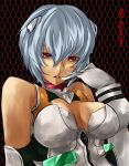  ayanami_rei bodysuit breasts bust character_name cleavage hand_on_own_face honeycomb large_breasts lips looking_at_viewer nana_g neon_genesis_evangelion plugsuit red_eyes short_hair silver_hair solo tan 
