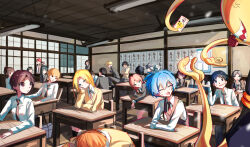  6+boys 6+girls absurdres akabane_karma anger_vein ansatsu_kyoushitsu bag black_hair black_necktie blonde_hair blue_eyes blue_hair brown_eyes brown_hair chiba_ryuunosuke classroom closed_eyes collared_shirt commentary_request crossed_arms desk glasses green_eyes grey_hair hayami_rinka hazama_kirara headband highres horibe_itona kanzaki_yukiko koro-sensei kunugigaoka_middle_school_uniform maehara_hiroto mimura_kouki multiple_boys multiple_girls muramatsu_takuya nakamura_rio necktie noey okajima_taiga okano_hinata_(ansatsu_kyoushitsu) okuda_manami orange_hair ponytail red_hair school_bag school_desk school_uniform shiota_nagisa shirt smile sugaya_sousuke sugino_tomohito sweat takebayashi_koutarou tentacles terasaka_ryouma translation_request vest whistle white_shirt yada_touka yellow_eyes yoshida_taisei 