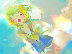 1girl black_sailor_collar black_sleeves blonde_hair blue_sky bow breasts clouds cloudy_sky commentary facing_viewer fang hair_bow hair_ornament hairclip highres kagamine_rin leaning_forward neckerchief nj7 number_tattoo open_mouth parallel_hairclips sailor_collar shirt short_hair skin_fang sky small_breasts tattoo treble_clef vocaloid white_bow white_shirt yellow_nails yellow_neckerchief yellow_trim 