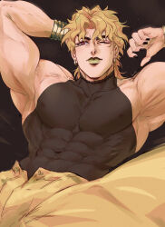  1boy abs absurdres arm_behind_head armpits bangle black_nails blonde_hair bracelet covered_navel covered_nipples dio_brando ear_piercing earrings gold_bangle green_lips highres jewelry jojo_no_kimyou_na_bouken makeup male_focus muscular muscular_male nail_polish noquelle one_eye_closed pants pectorals piercing scar scar_on_neck see-through_clothes see-through_shirt shirt sleeveless solo stardust_crusaders yellow_pants 