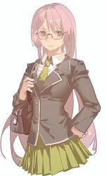  1girl bag bang_dream! bang_dream!_it's_mygo!!!!! black-framed_eyewear blazer caomei_xing_quqi chihaya_anon chinese_commentary closed_mouth collared_shirt commentary_request cowboy_shot glasses green_skirt grey_jacket haneoka_school_uniform highres jacket long_hair long_sleeves looking_at_viewer necktie pink_hair pleated_skirt school_bag school_uniform shirt simple_background skirt smile solo striped_clothes striped_necktie white_background white_shirt winter_uniform 