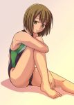  barefoot brown_eyes brown_hair competition_swimsuit e20 feet one-piece_swimsuit short_hair sitting swimsuit 