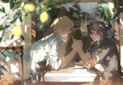  2boys aqua_shirt arm_wrestling aventurine_(honkai:_star_rail) aventurine_(waveflair)_(honkai:_star_rail) blonde_hair blurry blurry_foreground bracelet braid cake cake_slice commentary dappled_sunlight dr._ratio_(honkai:_star_rail) food fork from_side fruit grey_shirt hair_ornament highres holding holding_fork honkai:_star_rail honkai_(series) jewelry looking_at_viewer misitiya multiple_boys official_alternate_costume purple_hair ring shirt sunlight table untranslatable_commentary 