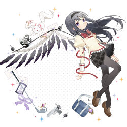 1girl absurdres akemi_homura akuma_homura bag black_hair black_pantyhose black_skirt black_wings blue_bag bow bowtie brown_shoes chinese_commentary commentary_request feathered_wings floating_hair full_body golf_club grief_seed gun highres hourglass if_happiness_is_a_circle_(meme) juliet_sleeves kyubey letter loafers long_hair long_sleeves mahou_shoujo_madoka_magica mahou_shoujo_madoka_magica:_hangyaku_no_monogatari meme miniskirt mitakihara_school_uniform pantyhose plaid_clothes plaid_skirt pleated_skirt puffy_sleeves purple_ribbon red_bow red_bowtie red_ribbon ribbon school_bag school_uniform shoes skirt solo soul_gem_(madoka_magica) sparkle sweater weapon wings ye_lou yellow_sweater