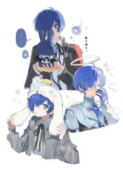  1boy absurdres animal_hat arknights black_jacket blue_eyes blue_gloves blue_hair choshanland_plushy_(arknights) cinnamoroll closed_mouth collared_shirt color_guide cropped_torso fuwa_fuwa_cinnamoroll gekkoukan_high_school_uniform gloves grey_jacket hair_over_one_eye hair_ribbon halo hands_on_headwear hands_up hat headphones heart highres holding holding_stuffed_toy jacket jitome long_sleeves looking_at_viewer male_focus multiple_views neck_ribbon official_alternate_costume persona persona_3 ribbon sanrio school_uniform shirt short_hair sigezifu smile spoken_heart stuffed_animal stuffed_rabbit stuffed_toy upper_body white_background white_hat white_shirt yawning yuuki_makoto_(in_witness_of_glory)_(persona_3) yuuki_makoto_(persona_3) 