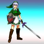  blue_eyes boots braid cosplay gloves hat izayoi_sakuya link link_(cosplay) maid master_sword omega-the-world shield silver_hair solo super_smash_bros. sword the_legend_of_zelda touhou twin_braids weapon 
