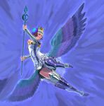  armor armored_dress blue blue_background crown gwendolyn odin_sphere sochie spear wings 