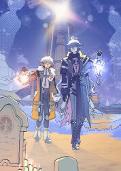  2boys :o antenna_hair black_boots black_capelet black_coat black_gloves black_pants black_ribbon blue_eyes blue_hair boots brown_gloves brown_shoes candle capelet chain chest_harness closed_mouth clouds coat collared_capelet commentary crossed_bangs earrings english_commentary eye_contact fire flins_(genshin_impact) fur-trimmed_coat fur_trim genshin_impact gloves glowing gradient_hair grass grey_coat grey_hair grey_pants hair_between_eyes hand_up harness highres holding holding_lantern illuga_(genshin_impact) in-universe_location jewelry knee_pads lace-up_boots ladder lantern leg_warmers lighthouse long_hair long_sleeves looking_at_another looking_to_the_side male_focus multicolored_hair multiple_boys open_clothes open_coat open_mouth outdoors pants parted_bangs puffy_long_sleeves puffy_sleeves purple_sash purple_shirt red_hair ribbed_sweater ribbon rock sand sash shirt shoes short_hair single_earring sky sleeve_cuffs sleeveless sleeveless_sweater smile standing sweater thigh_strap tombstone turtleneck turtleneck_sweater two-tone_hair velkia very_long_hair vision_(genshin_impact) white_leg_warmers white_sweater yellow_eyes 