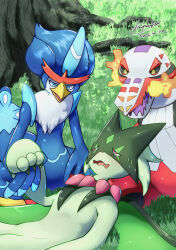  3others absurdres black_fur black_sclera blue_eyes body_fur breath_weapon breathing_fire claws closed_mouth colored_sclera commentary_request dated fire furry green_fur highres leaf looking_at_viewer lying mask meowscarada multiple_others on_back open_mouth pink_eyes pokemon pokemon_(creature) pokemon_focus quaquaval sharp_teeth signature skeledirge slit_pupils smile standing starter_pokemon_trio tanpakuroom teeth two-tone_fur yellow_eyes 