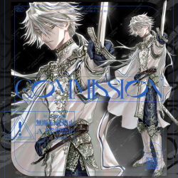 1boy 2g_trpg :/ arm_at_side armor belt blue_gloves blue_pants boots brown_belt call_of_cthulhu cape closed_mouth colored_eyelashes commentary_request commission copyright_name cross from_side full_body glint gloves gold_trim gorget green_eyes grey_background hair_between_eyes highres holding holding_sword holding_weapon jacket jeanne_no_ryouken knee_boots latin_cross long_hair long_hair_between_eyes long_sleeves looking_at_viewer looking_to_the_side low_ponytail male_focus outstretched_arm pants pants_tucked_in pauldrons pointing_melee_weapon poleyn ponytail sheath shoulder_armor side_cape skima_commission solo standing sword thick_eyebrows tsurime tunic v-shaped_eyebrows very_long_hair watermark watermark_grid weapon white_boots white_cape white_eyelashes white_hair white_jacket white_tunic zoom_layer 