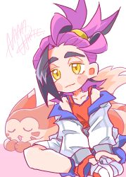  1boy black_hair blue_jacket blush_stickers closed_mouth colored_inner_hair facial_mark hands_on_own_feet highres indian_style jacket kieran_(pokemon) league_club_uniform long_sleeves lying male_focus mashiro_nanashiro multicolored_hair on_stomach open_mouth pokemon pokemon_(creature) pokemon_scarlet_and_violet ponytail purple_hair red_tank_top shoes shorts signature sitting smile tank_top thick_eyebrows two-sided_fabric two-sided_jacket whisker_markings white_background white_jacket white_shorts yellow_eyes 