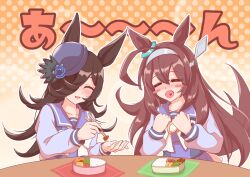 2girls ahoge animal_ears bento blue_flower blue_hat blue_rose blush bow bowtie breasts brown_hair chopsticks closed_eyes commentary_request flipped_hair flower food grey_hairband hair_between_eyes hair_over_one_eye hairband hat hat_flower highres holding holding_chopsticks horse_ears horse_girl horse_tail long_hair mihono_bourbon_(umamusume) mokichi3356 multiple_girls open_mouth pleated_skirt purple_sailor_collar purple_serafuku purple_shirt purple_skirt rice rice_shower_(umamusume) rose sailor_collar sailor_shirt school_uniform serafuku shirt silver_hairband skirt smile tail tilted_headwear tracen_school_uniform translation_request umamusume white_bow white_bowtie 