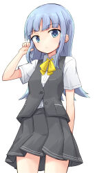  1girl blue_eyes blue_hair blunt_bangs collared_shirt commentary_request cowboy_shot dress_shirt flipped_hair grey_skirt grey_vest hatsukaze_(kancolle) kakizaki_(chou_neji) kantai_collection long_hair neck_ribbon pleated_skirt ribbon shirt simple_background skirt solo vest whistle whistle_around_neck white_shirt yellow_ribbon 