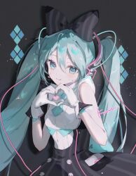  1girl aqua_eyes aqua_hair black_background black_bow black_skirt blue_necktie bow breasts cable closed_mouth collared_shirt commentary_request dress framed_breasts frilled_skirt frills gloves hair_between_eyes hair_bow hatsune_miku headphones heart heart_hands high-waist_skirt kumu39_(pixiv98385696) long_hair looking_at_viewer magical_mirai_(vocaloid) magical_mirai_miku magical_mirai_miku_(2016) medium_breasts necktie official_alternate_costume official_alternate_hairstyle shirt short_necktie simple_background skirt sleeveless sleeveless_shirt smile solo twintails very_long_hair vocaloid white_gloves white_shirt 