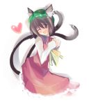  animal_ears brown_eyes brown_hair cat_ears cat_tail chen earrings fang hat heart jewelry kanikama looking_at_viewer multiple_tails open_mouth short_hair simple_background single_earring smile solo tail touhou wink 